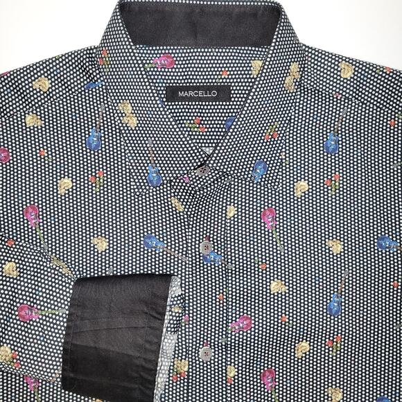 Marcello Guitar Print Button Down Shirt Flip Cuff Size L Festival Grunge Indie - Picture 1 of 11